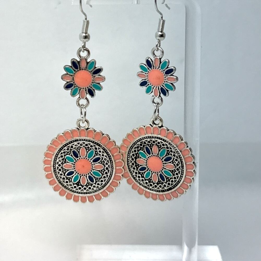 Boho Floral Silver and Pink Dangle Earrings pierced NEW